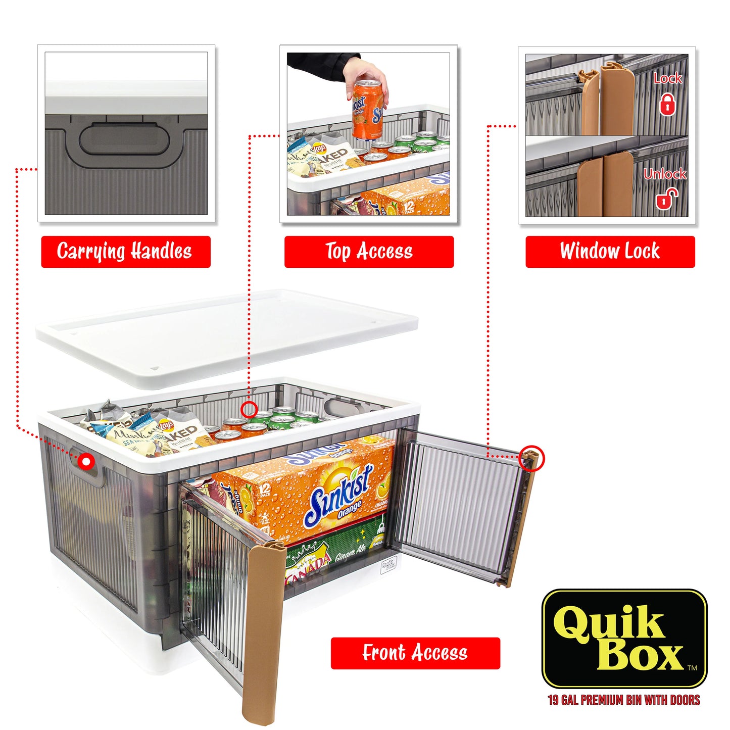 dbest products Quik Box - 19 Gallon Stackable Storage Bins with Doors, Collapsible Organizer Foldable Container, for Bedroom Living Room Kitchen Neat, Tidy Dorms and Organized Homes, Boxes White