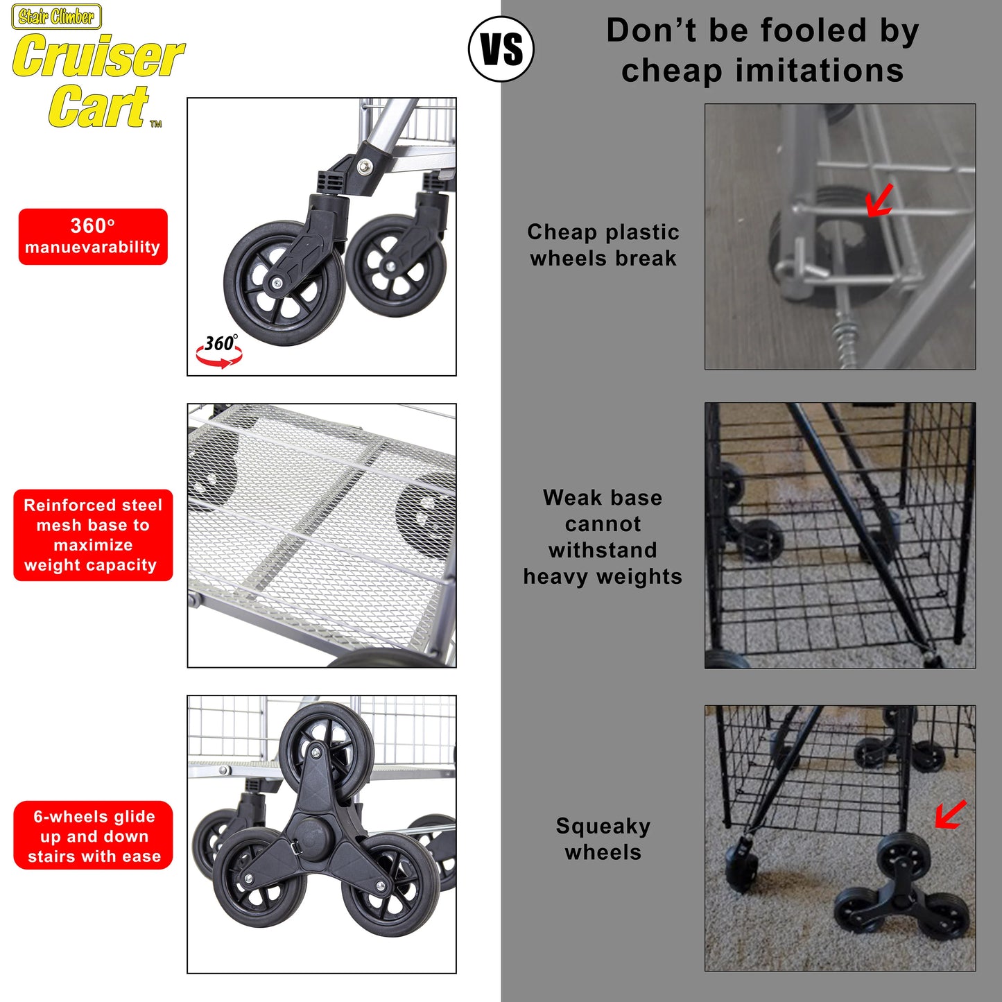 Stair Climber Cruiser Cart Shopping Grocery Rolling Folding Laundry Basket on Wheels Foldable Utility Trolley Compact Lightweight Collapsible, Silver