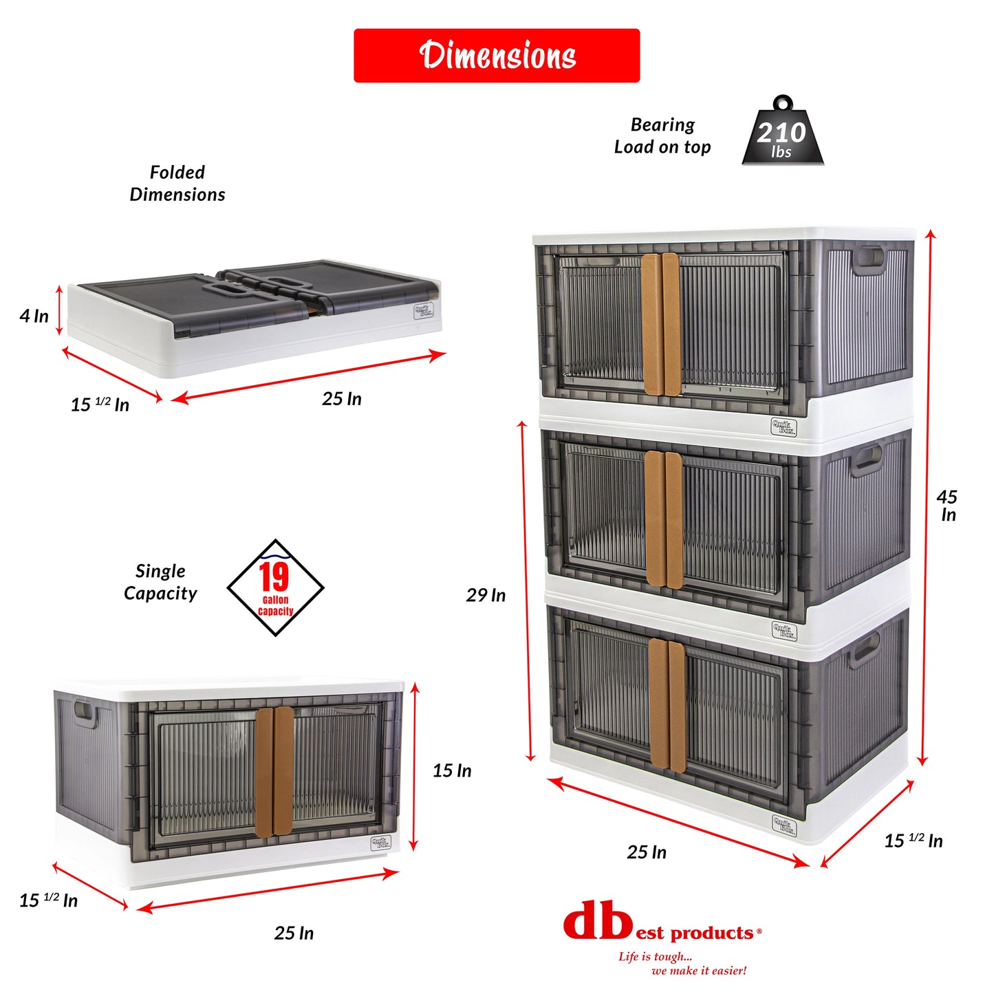 dbest products Quik Box - 19 Gallon Stackable Storage Bins with Doors, Collapsible Organizer Foldable Container, for Bedroom Living Room Kitchen Neat, Tidy Dorms and Organized Homes, Boxes White