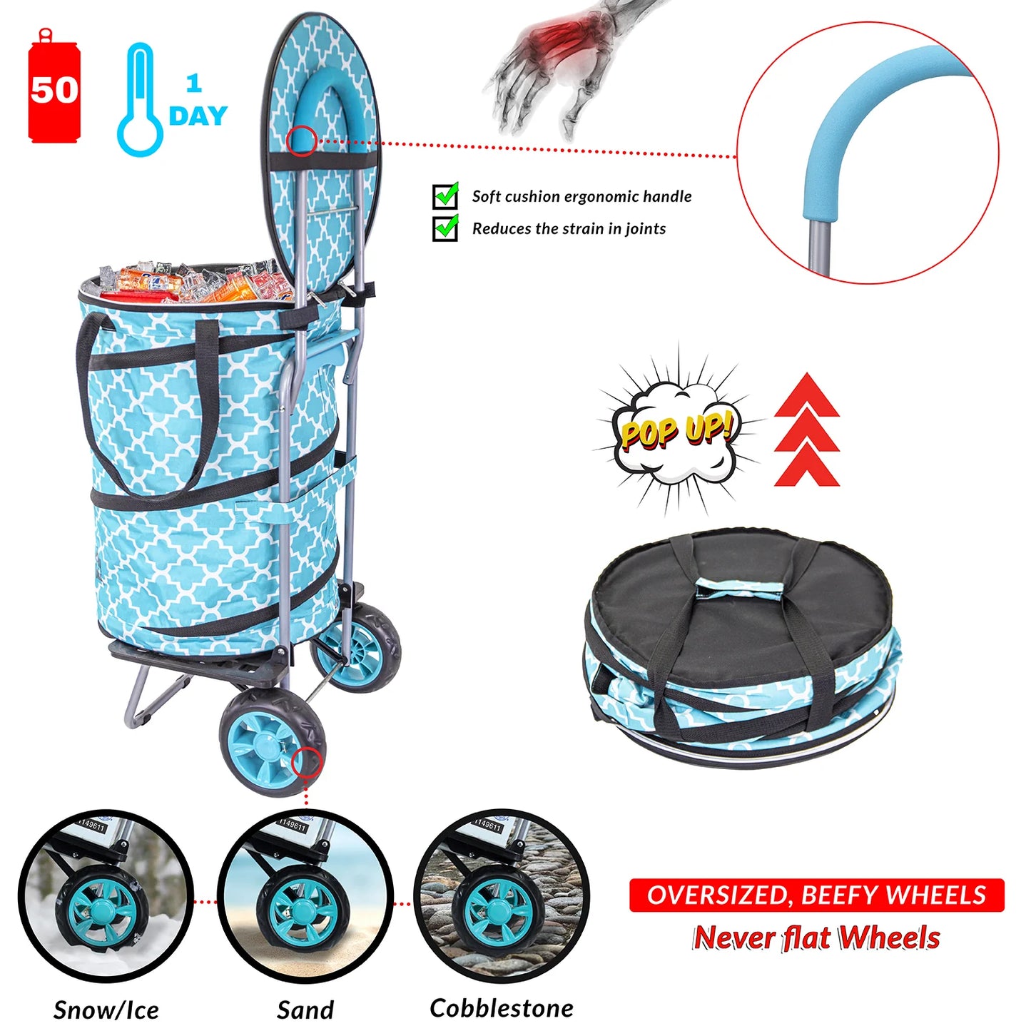 dbest products Bigger Cooler Trolley Dolly, Moroccan Tile Insulated Folding Shopping Cart with Removable Bag Rolling Beach Tote Cooler with Wheels Pop Up Golf