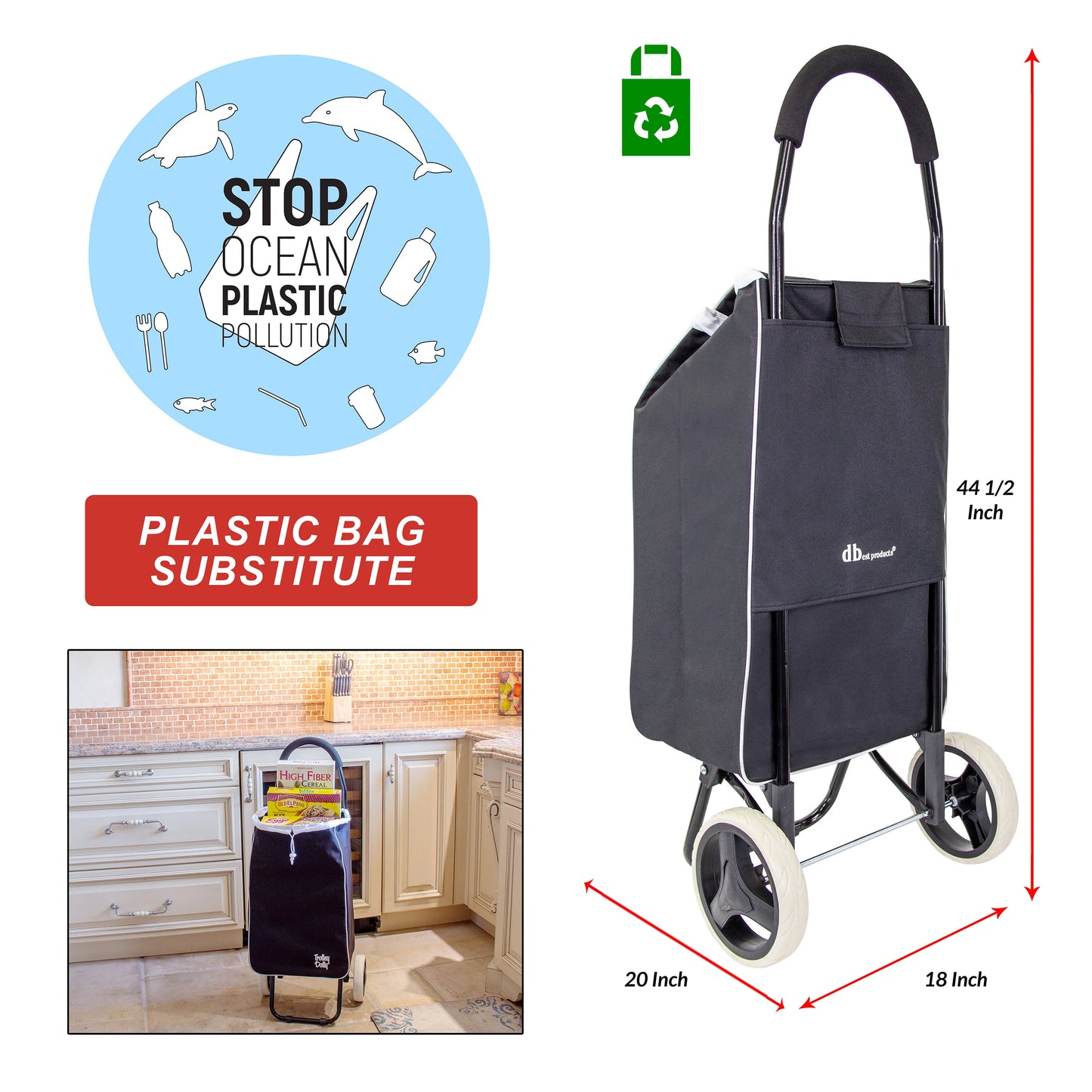 dbest products Trolley Dolly Sport Foldable Shopping cart for Groceries with Wheels and Removable Bag and Rolling Personal Handtruck Carrito de Compras con Ruedas, Black