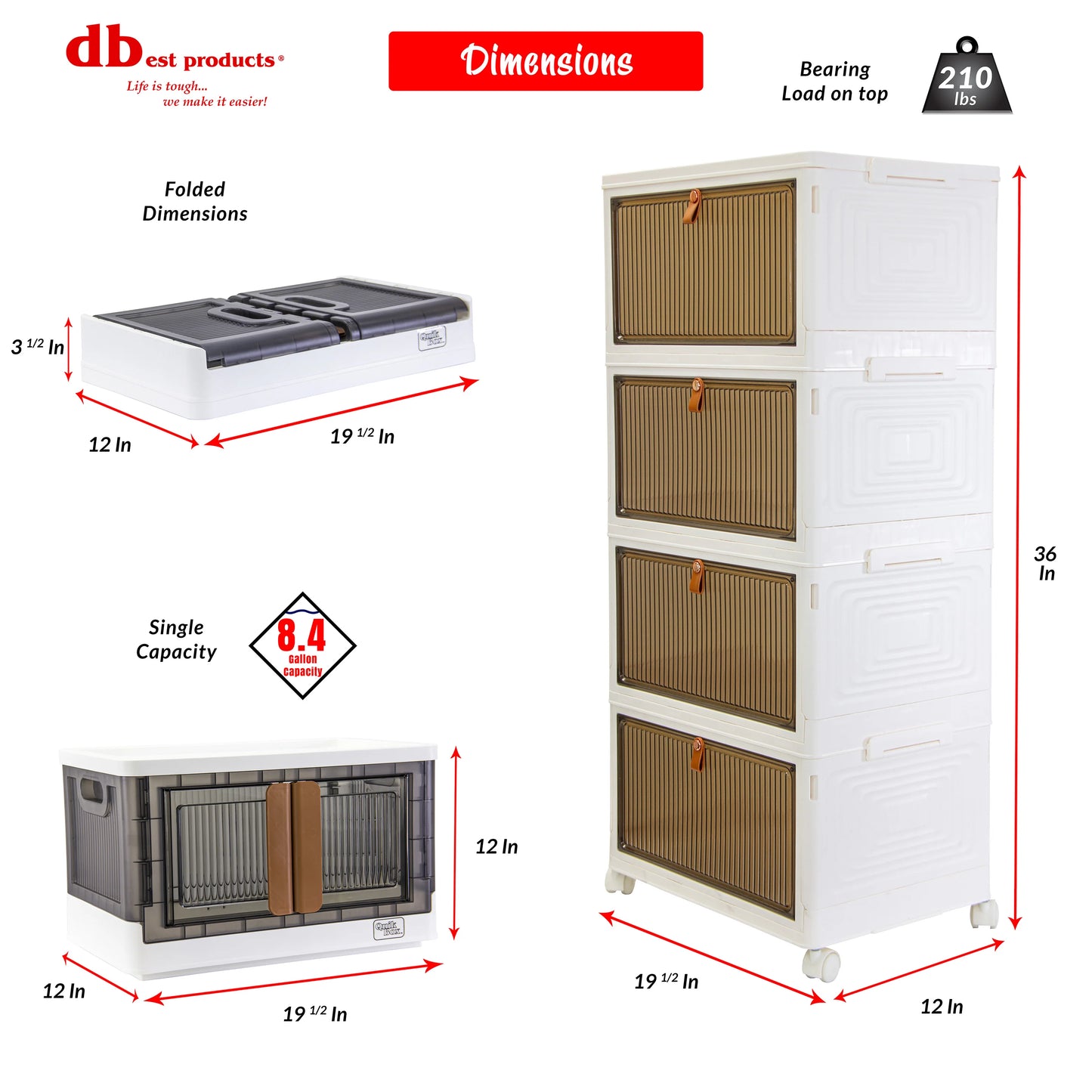 dbest products Quik Box Sport 6 Gallon 4 tier Stackable Storage Bins with Magnetic Door, Collapsible Organizer Foldable Container, for Bedroom Living Room Kitchen Neat, Tidy Dorms and Organized Homes, Boxes