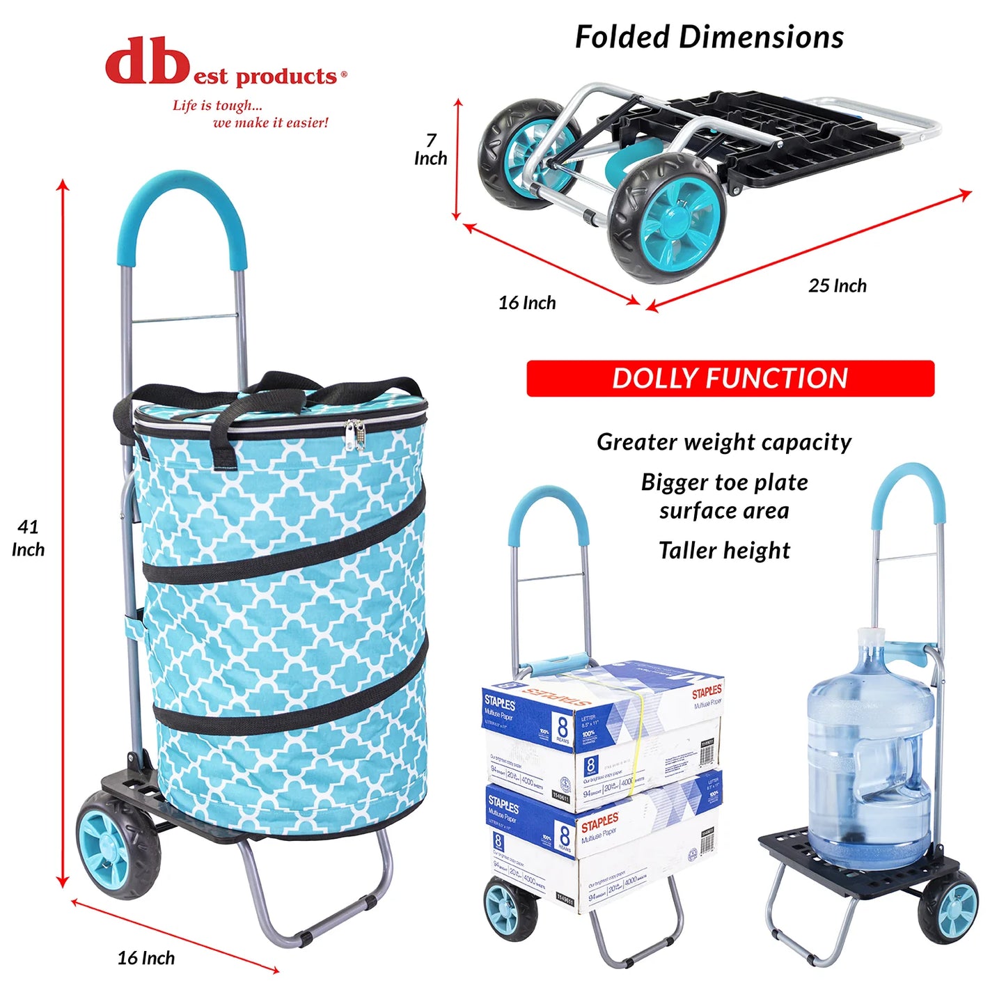 dbest products Bigger Cooler Trolley Dolly, Moroccan Tile Insulated Folding Shopping Cart with Removable Bag Rolling Beach Tote Cooler with Wheels Pop Up Golf