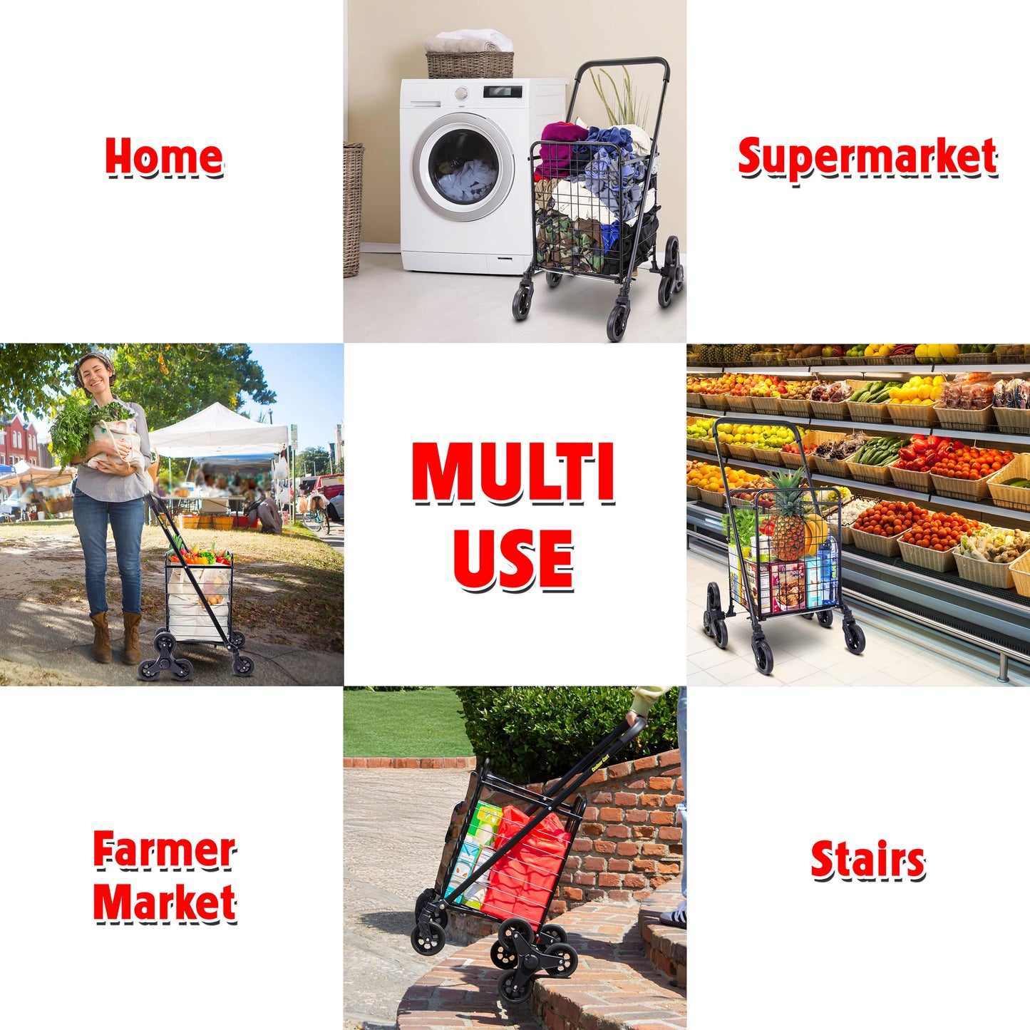 dbest products Stair Climber Cruiser Cart Shopping Grocery Rolling Folding Laundry Basket on Wheels Foldable Utility Trolley Compact Lightweight Collapsible, Black