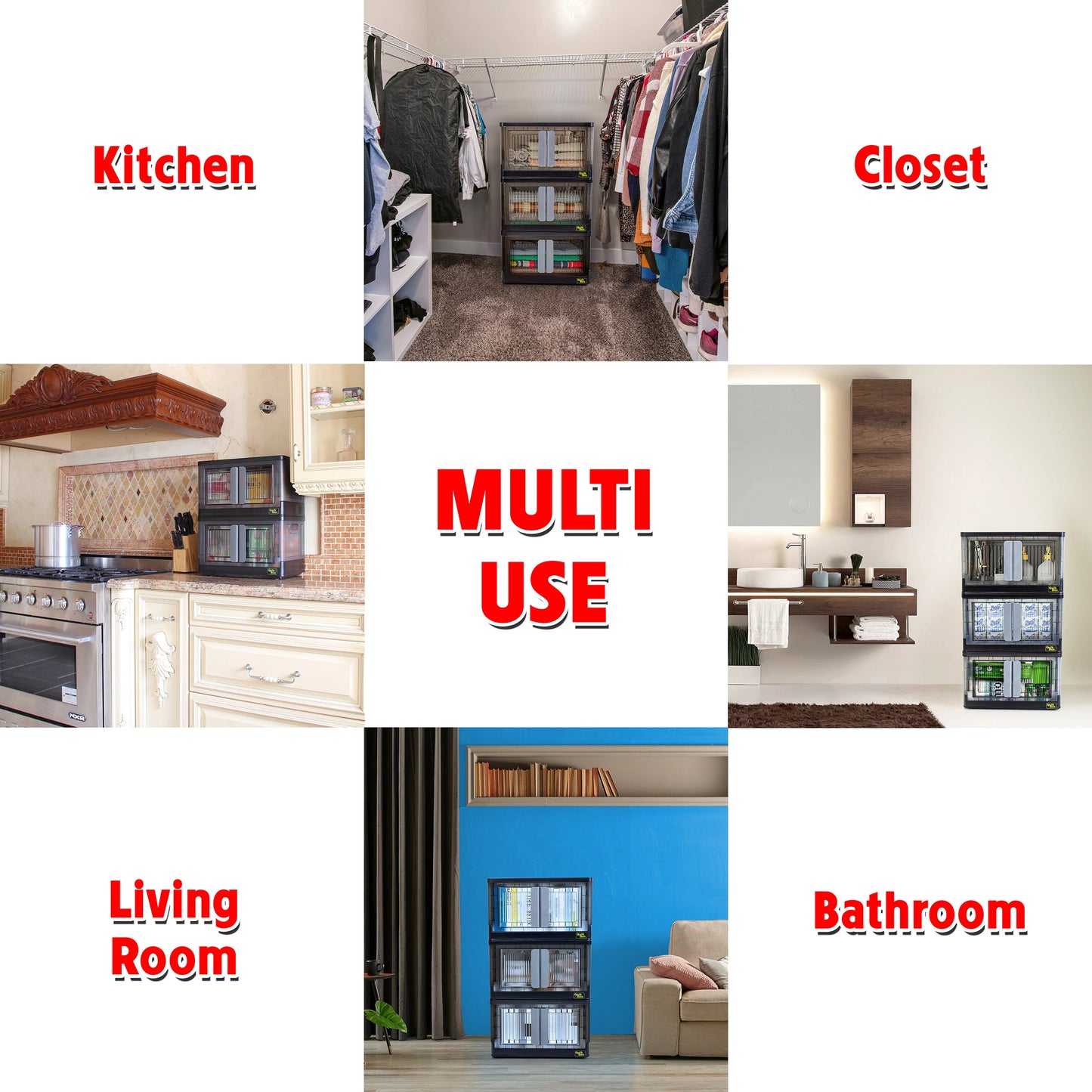 dbest products Quik Box - 8.5 Gallon 3 Pack Stackable Storage Bins with Doors, Collapsible Organizer Foldable Container, for Bedroom Living Room Kitchen Neat, Tidy Dorms and Organized Homes, Boxes