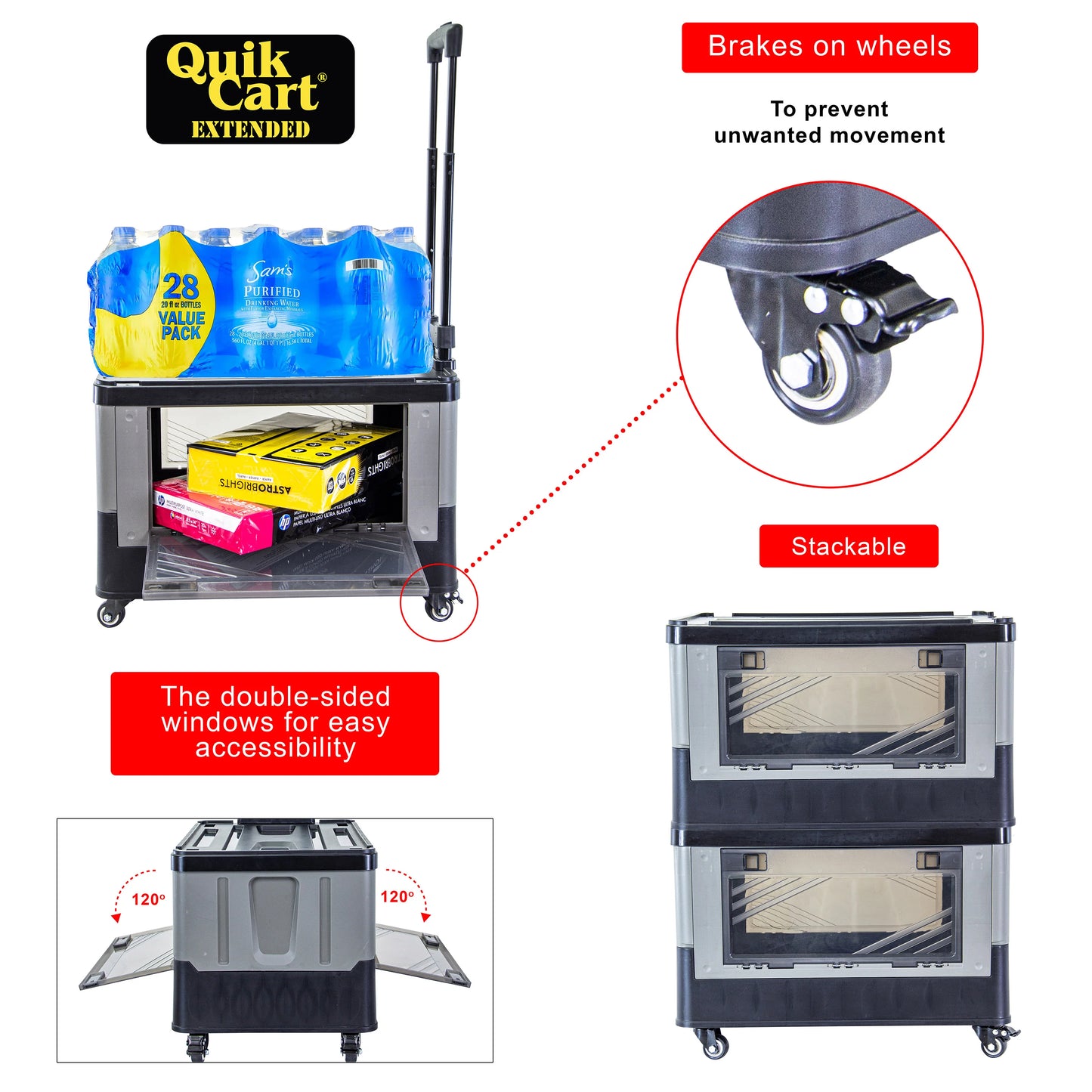 dbest products Quik Cart Extended Four Wheeled Rolling Crate Teacher Utility with seat Dual Accessible Doors Heavy Duty Collapsible Basket with Two Position Handle