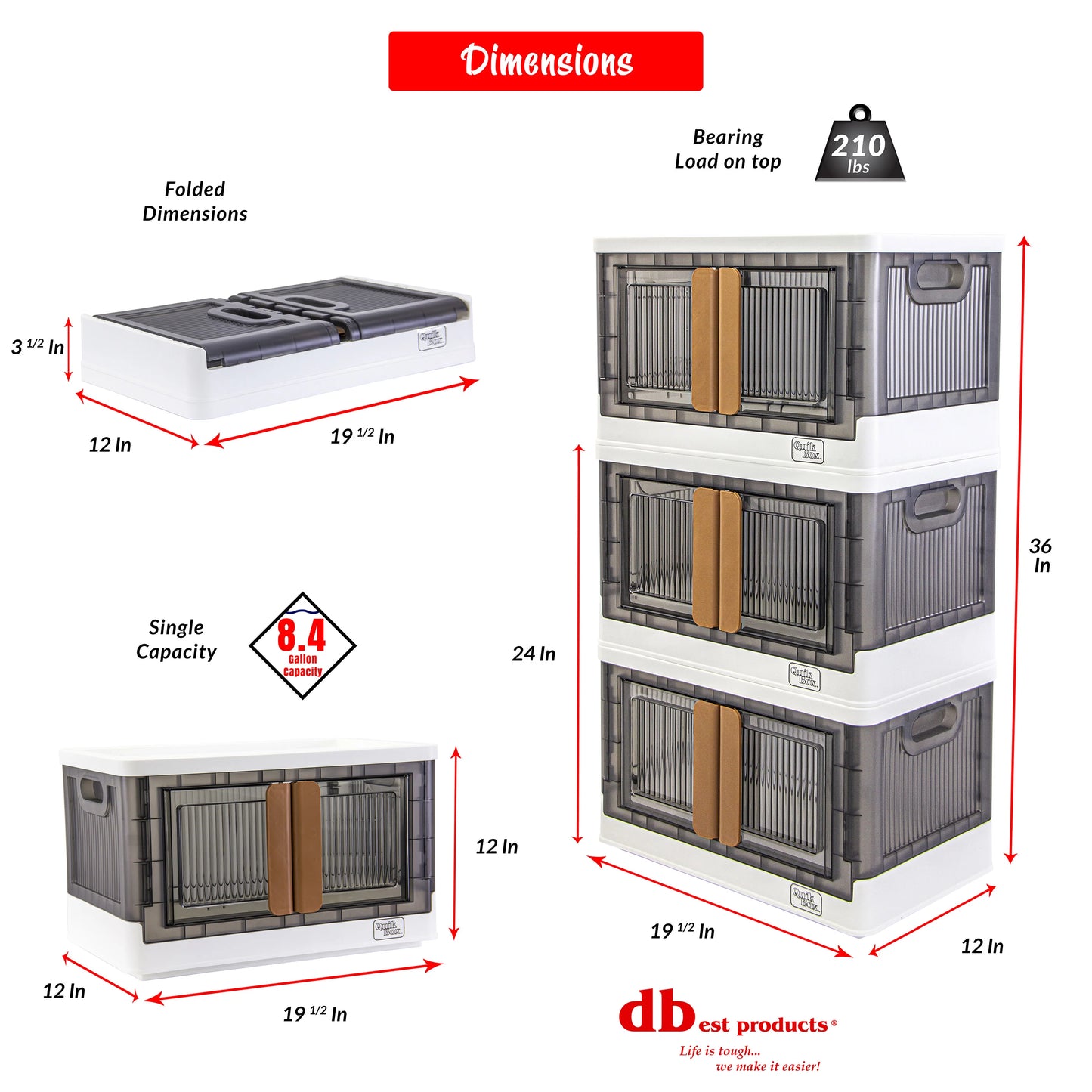 dbest products Quik Box - 8.5 Gallon 3 Pack Stackable Storage Bins with Doors, Collapsible Organizer Foldable Container, for Bedroom Living Room Kitchen Neat, Tidy Dorms and Organized Homes Boxes White