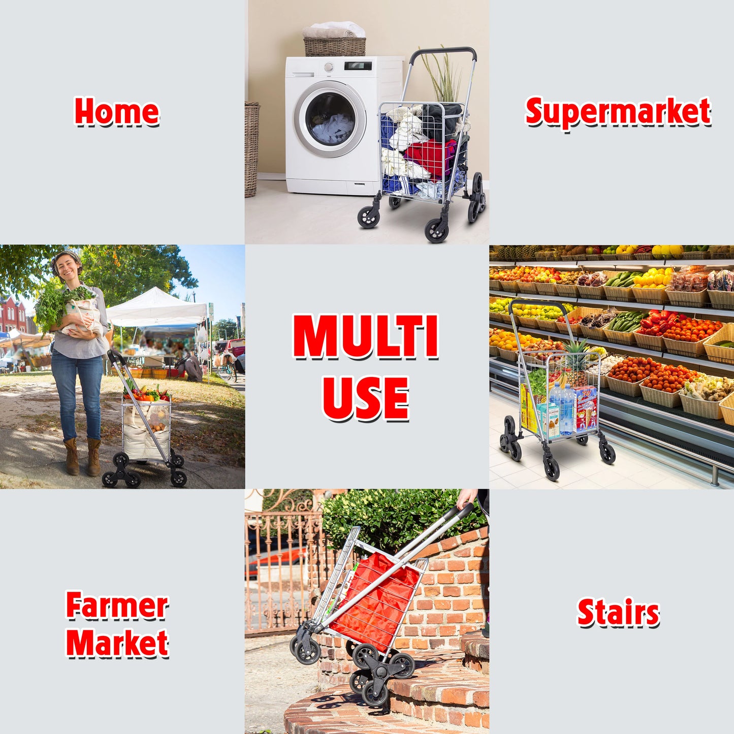 Stair Climber Cruiser Cart Shopping Grocery Rolling Folding Laundry Basket on Wheels Foldable Utility Trolley Compact Lightweight Collapsible, Silver