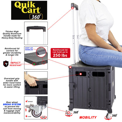 dbest products Quik Cart 360 Four Wheeled Rolling Crate Teacher Utility with seat Heavy Duty Collapsible Basket with Handle, Black
