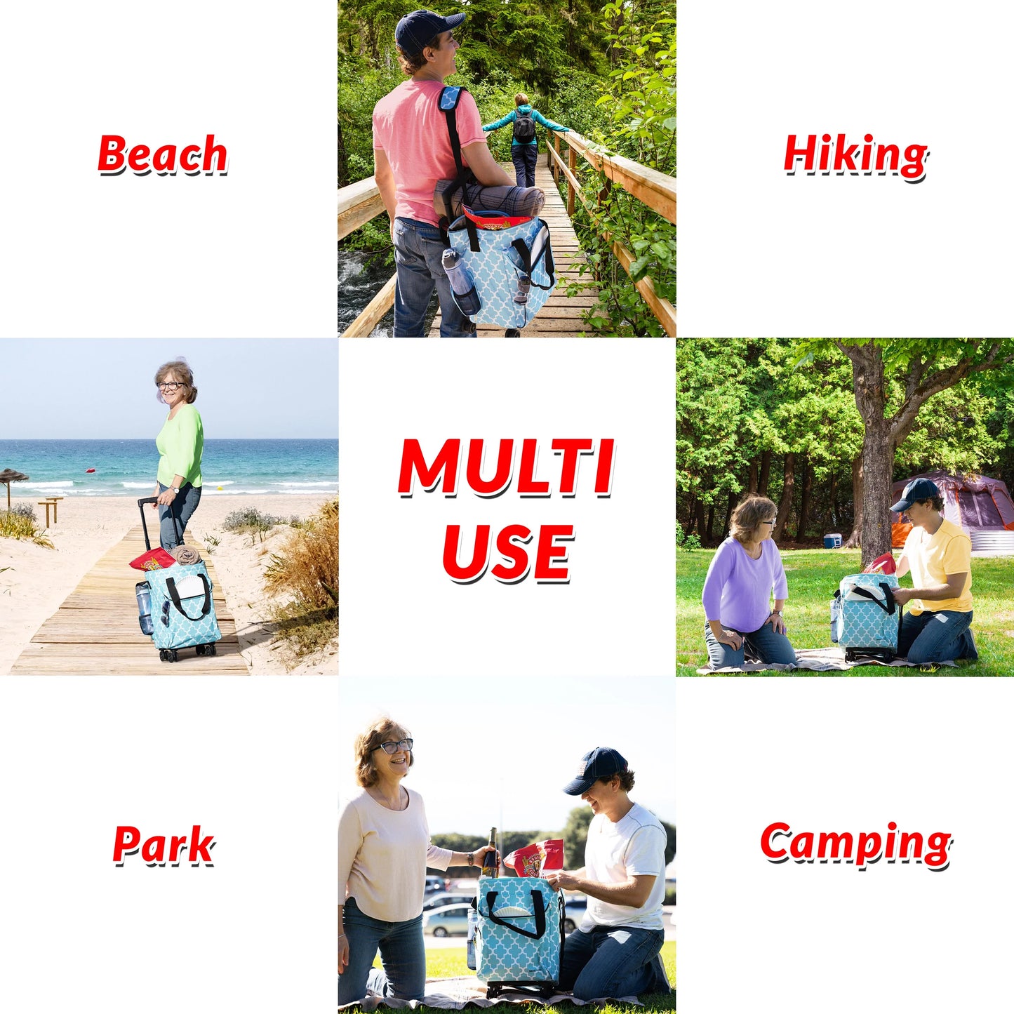 Ultra Compact Cooler Smart Cart 360 Insulated Collapsible Rolling Tailgate BBQ Beach, Moroccan Tile
