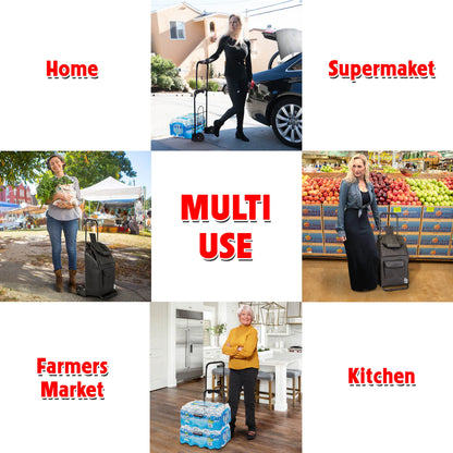 Trolley Dolly Compact , Black Foldable Shopping cart for Groceries with Wheels and Removable Bag and Rolling Personal Tote Handtruck
