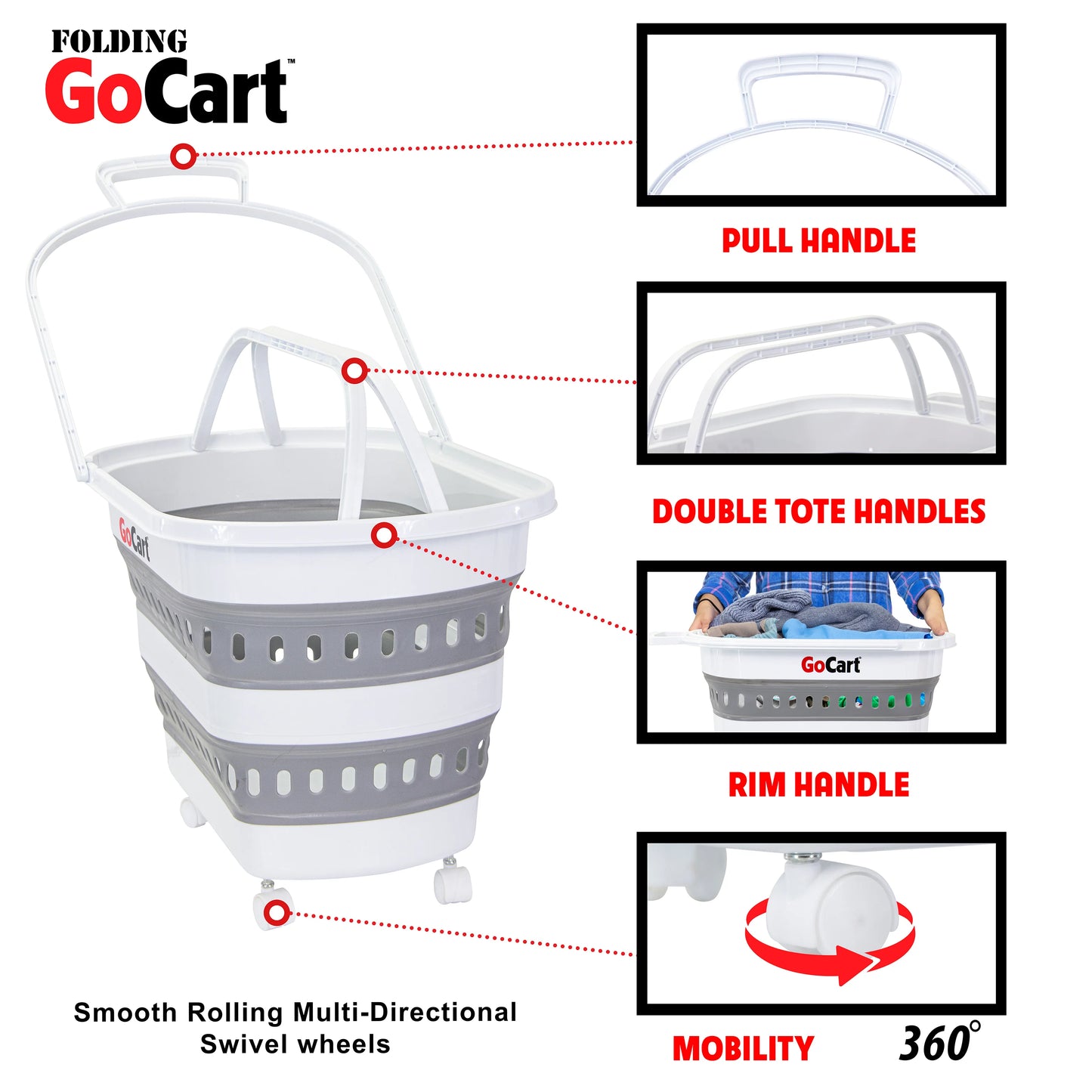 Folding GoCart Collapsible laundry basket on Wheels Grocery Cart Shopping foldable Pop Up plastic hamper Tote Handles Cesto para ropa sucia