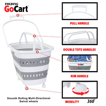 Folding GoCart Collapsible laundry basket on Wheels Grocery Cart Shopping foldable Pop Up plastic hamper Tote Handles Cesto para ropa sucia