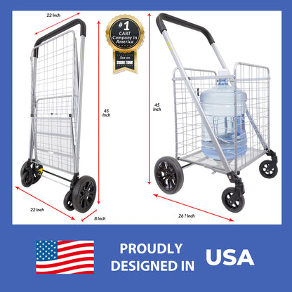 dbest products Cruiser Cart Deluxe 2 with Liner Bag Bundle Shopping Grocery Rolling Folding Laundry Basket on Wheels Foldable Utility Trolley Compact Lightweight Collapsible