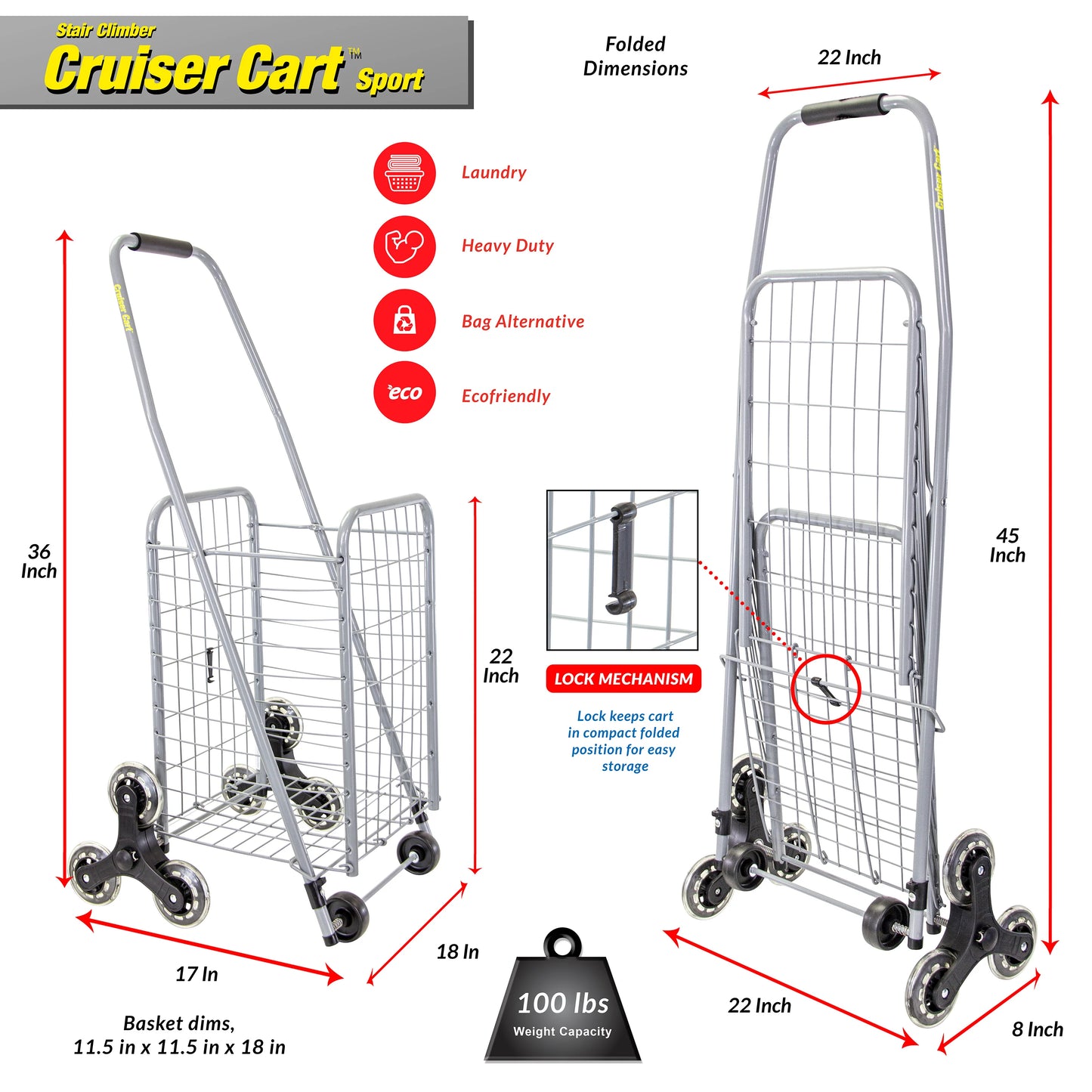 dbest products Stair Climber Cruiser Cart Sport Shopping Grocery Rolling Folding Laundry Basket on Wheels Foldable Utility Trolley Compact Lightweight Collapsible, Silver