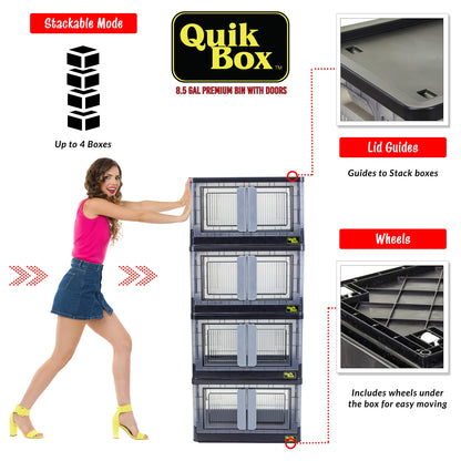 dbest products Quik Box - 8.5 Gallon Stackable Storage Bins with Doors, Collapsible Organizer Foldable Container, for Bedroom Living Room Kitchen Neat, Tidy Dorms and Organized Homes Boxes , Black