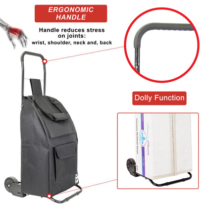 Trolley Dolly Compact , Black Foldable Shopping cart for Groceries with Wheels and Removable Bag and Rolling Personal Tote Handtruck