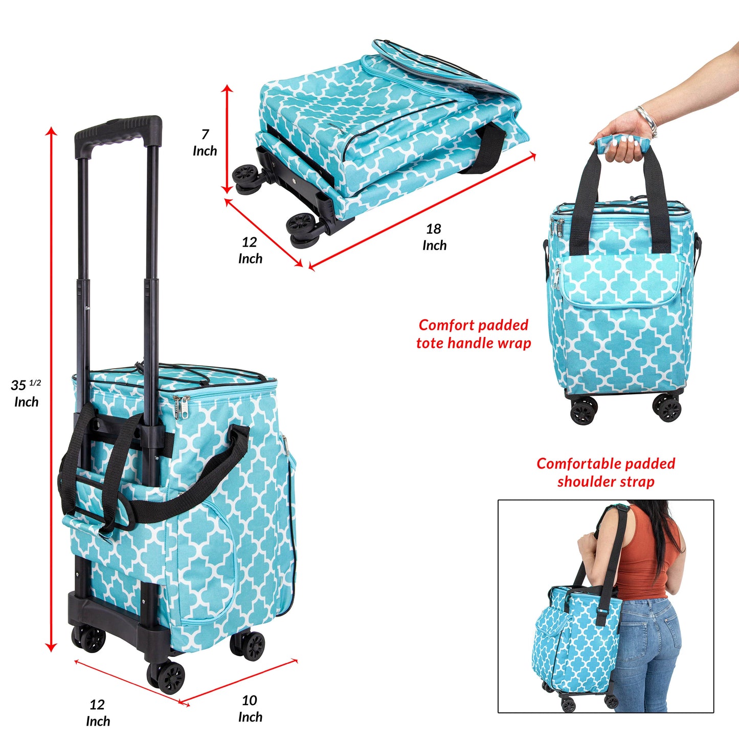 Ultra Compact Cooler Smart Cart 360 Insulated Collapsible Rolling Tailgate BBQ Beach, Moroccan Tile