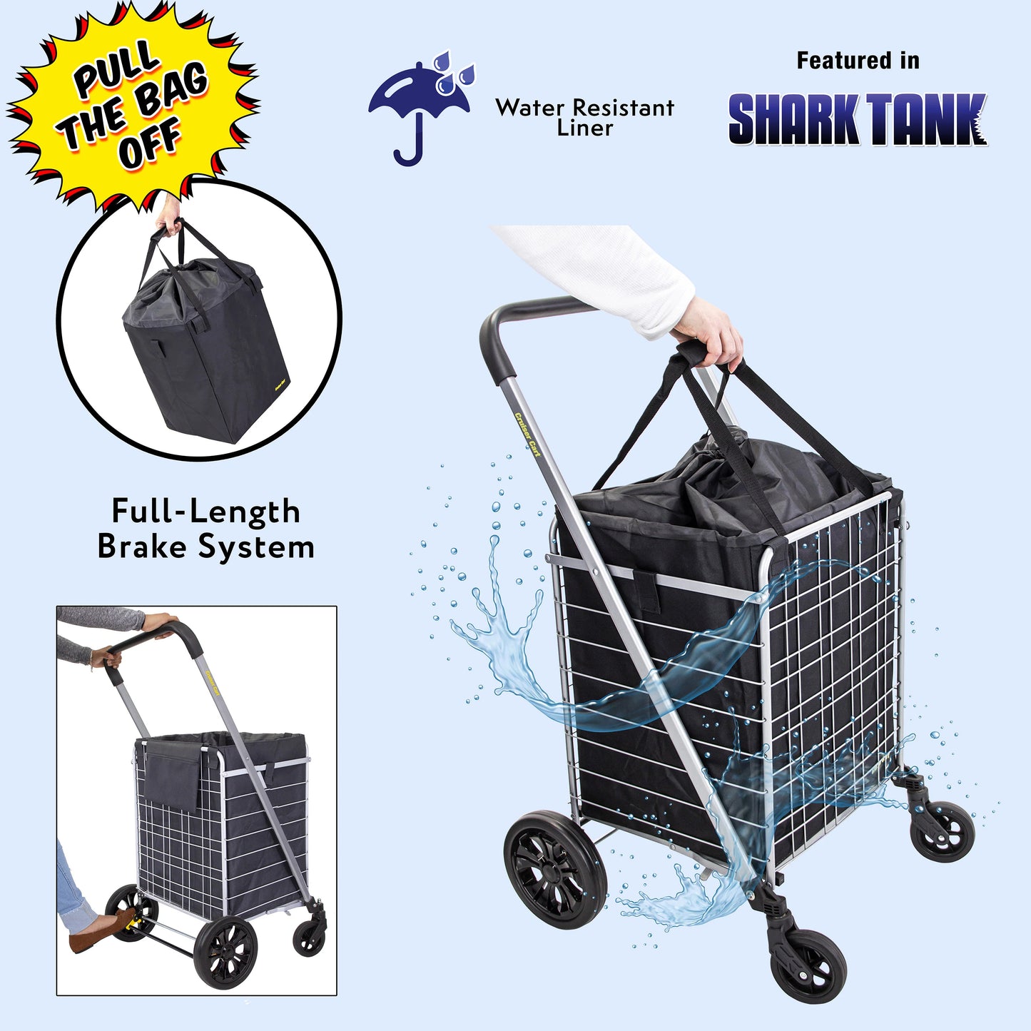 dbest products Cruiser Cart Deluxe 2 with Liner Bag Bundle Shopping Grocery Rolling Folding Laundry Basket on Wheels Foldable Utility Trolley Compact Lightweight Collapsible
