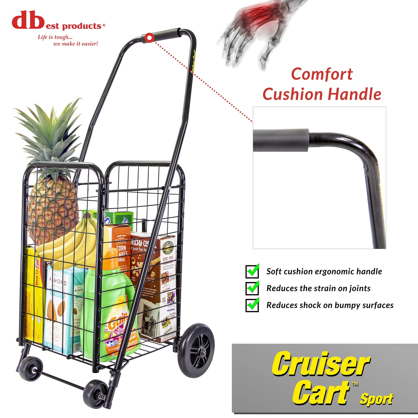dbest products Cruiser Cart Sport Shopping Grocery Rolling Folding Laundry Basket on Wheels Foldable Utility Trolley Compact Lightweight Collapsible, Black