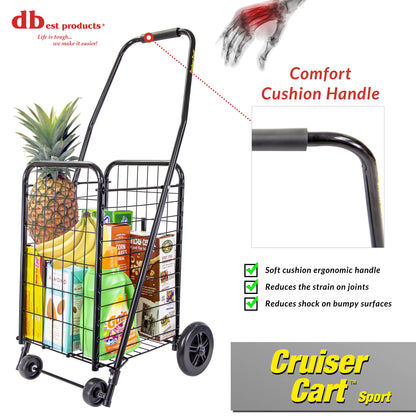 dbest products Cruiser Cart Sport Shopping Grocery Rolling Folding Laundry Basket on Wheels Foldable Utility Trolley Compact Lightweight Collapsible, Black