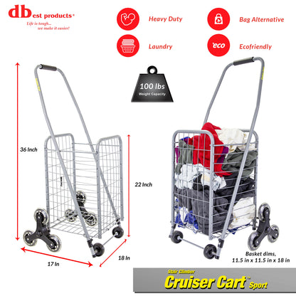 dbest products Stair Climber Cruiser Cart Sport Shopping Grocery Rolling Folding Laundry Basket on Wheels Foldable Utility Trolley Compact Lightweight Collapsible, Silver