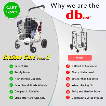 dbest products Cruiser Cart Deluxe 2 with Liner Bag Bundle Shopping Grocery Rolling Folding Laundry Basket on Wheels Foldable Utility Trolley Compact Lightweight Collapsible