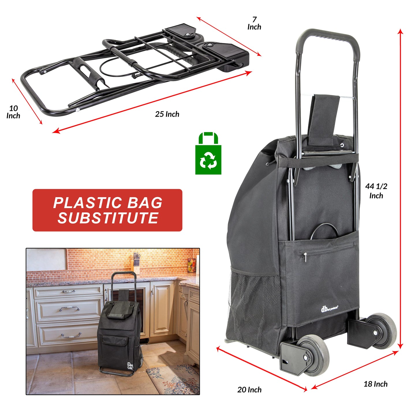 Trolley Dolly Compact , Black Foldable Shopping cart for Groceries with Wheels and Removable Bag and Rolling Personal Tote Handtruck