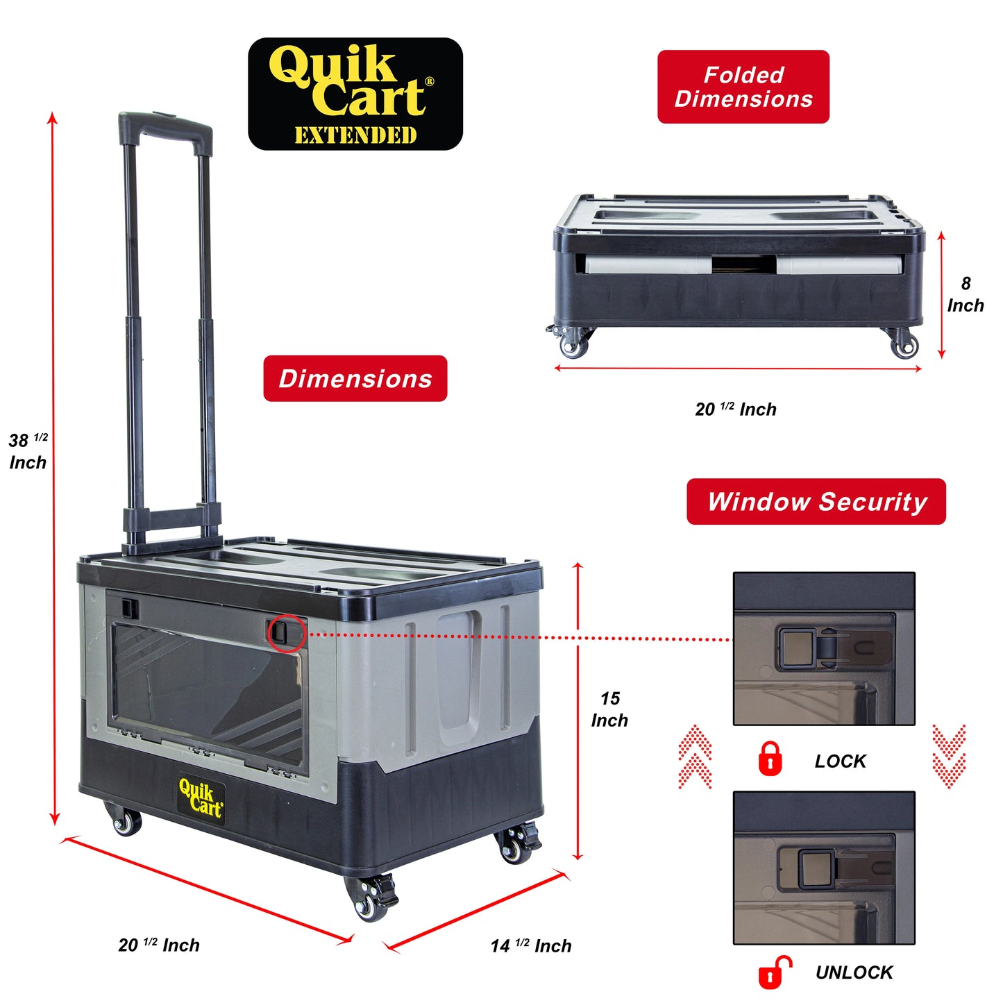 dbest products Quik Cart Extended  Four Wheeled Rolling Crate Teacher Utility with seat  Dual Accessible  Doors Heavy Duty Collapsible Basket with Two Position Handle