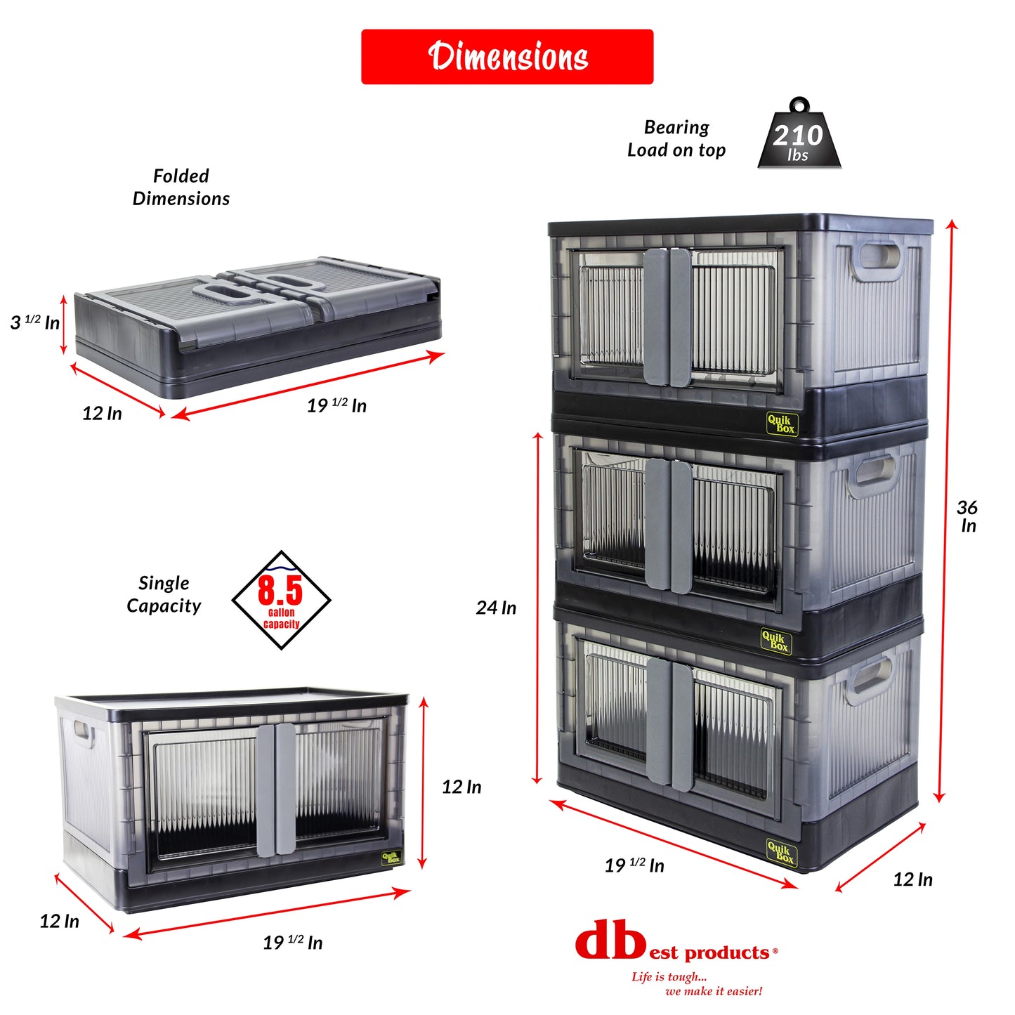 dbest products Quik Box - 8.5 Gallon 3 Pack Stackable Storage Bins with Doors, Collapsible Organizer Foldable Container, for Bedroom Living Room Kitchen Neat, Tidy Dorms and Organized Homes, Boxes