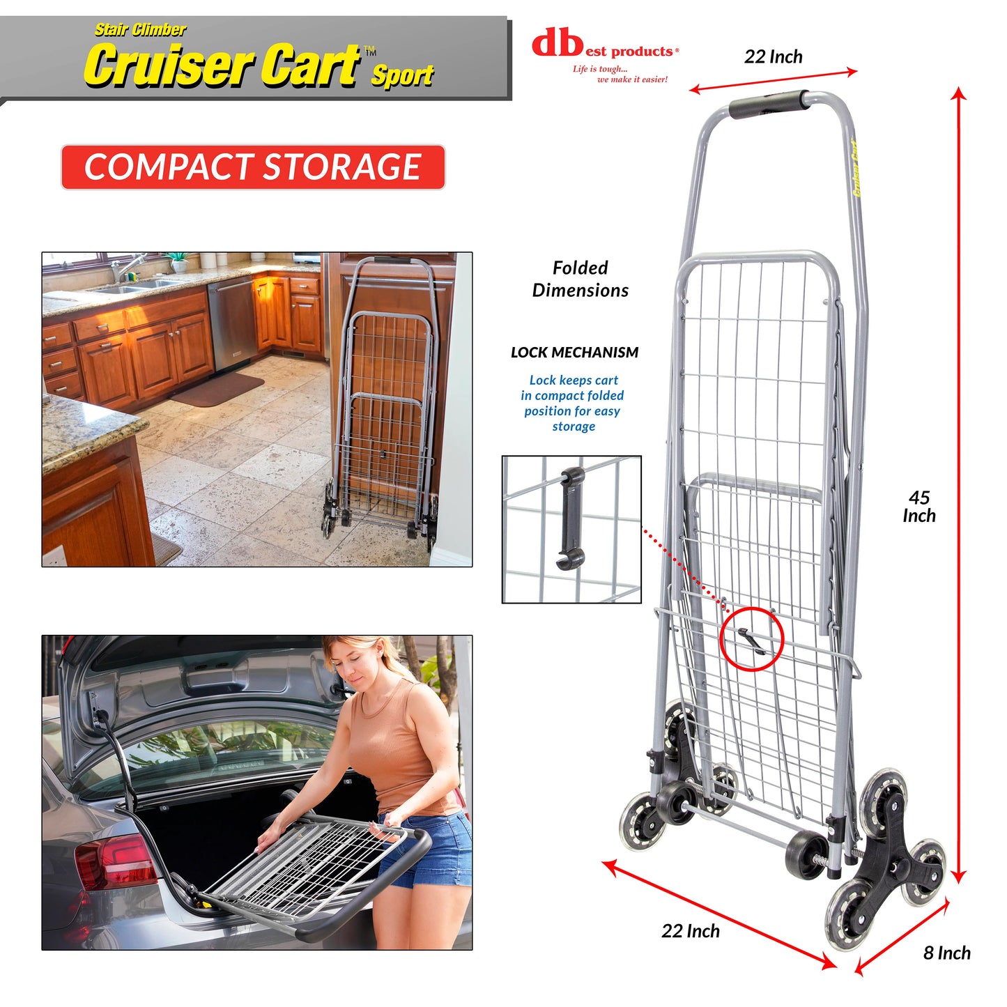 dbest products Stair Climber Cruiser Cart Sport Shopping Grocery Rolling Folding Laundry Basket on Wheels Foldable Utility Trolley Compact Lightweight Collapsible, Silver