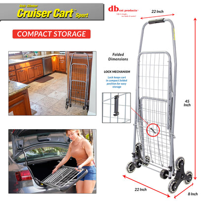 dbest products Stair Climber Cruiser Cart Sport Shopping Grocery Rolling Folding Laundry Basket on Wheels Foldable Utility Trolley Compact Lightweight Collapsible, Silver
