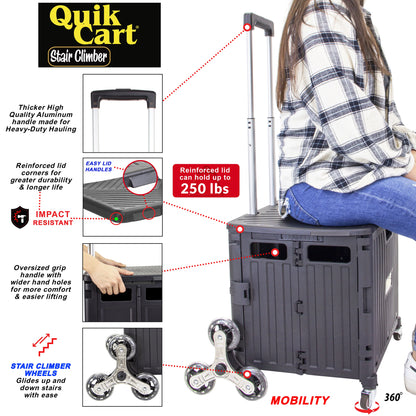 dbest products Quik Cart Stair Climber Wheeled Rolling Crate Teacher Utility with seat Heavy Duty Collapsible Basket with Handle, Black
