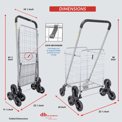 Stair Climber Cruiser Cart Shopping Grocery Rolling Folding Laundry Basket on Wheels Foldable Utility Trolley Compact Lightweight Collapsible, Silver
