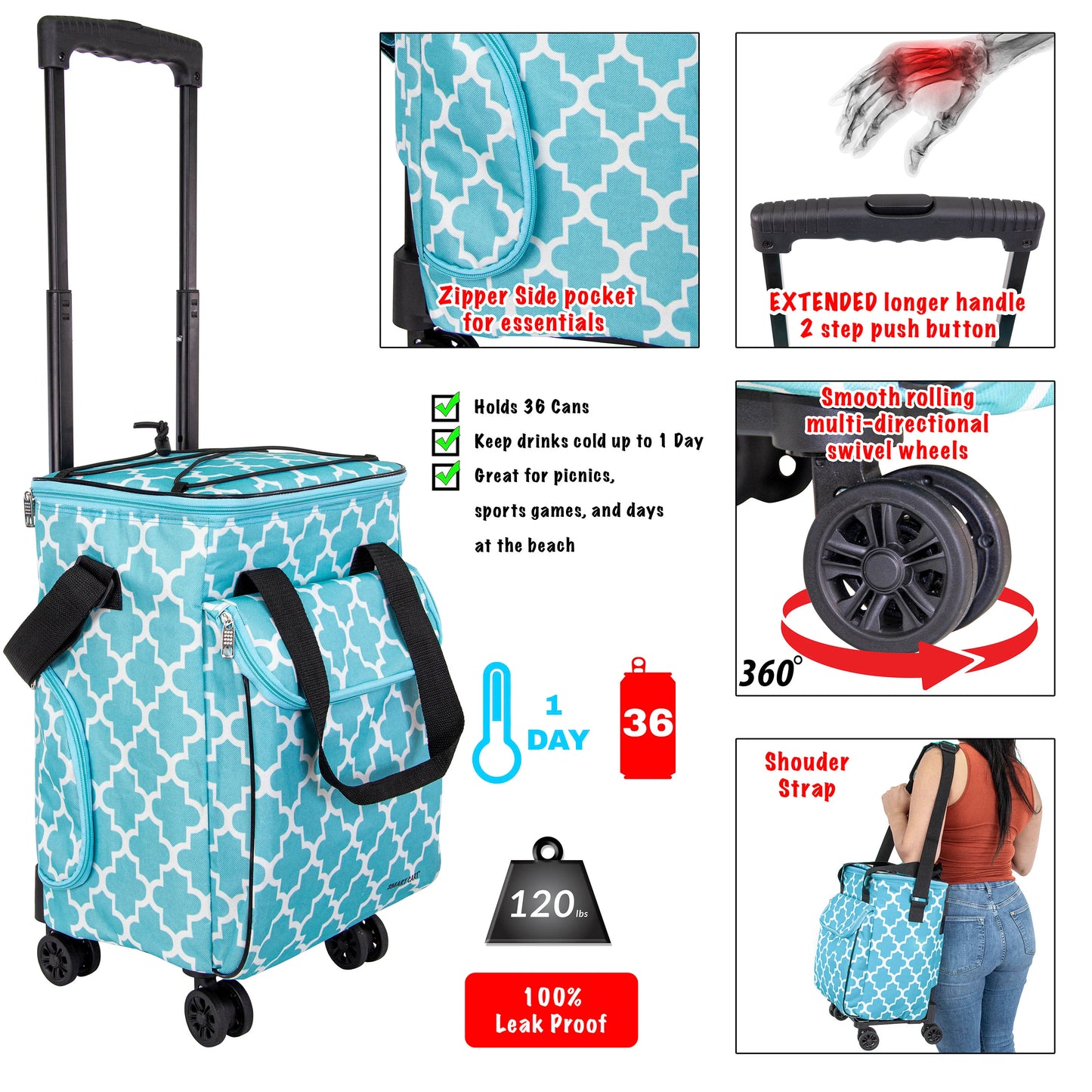 Ultra Compact Cooler Smart Cart 360 Insulated Collapsible Rolling Tailgate BBQ Beach, Moroccan Tile