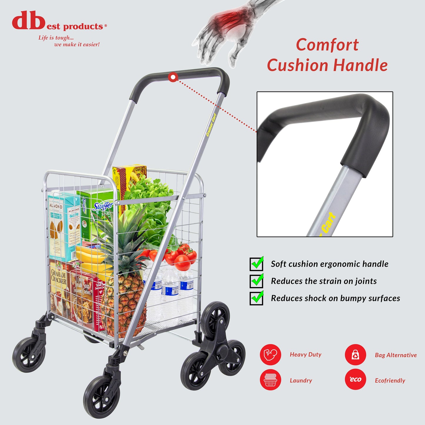 Stair Climber Cruiser Cart Shopping Grocery Rolling Folding Laundry Basket on Wheels Foldable Utility Trolley Compact Lightweight Collapsible, Silver