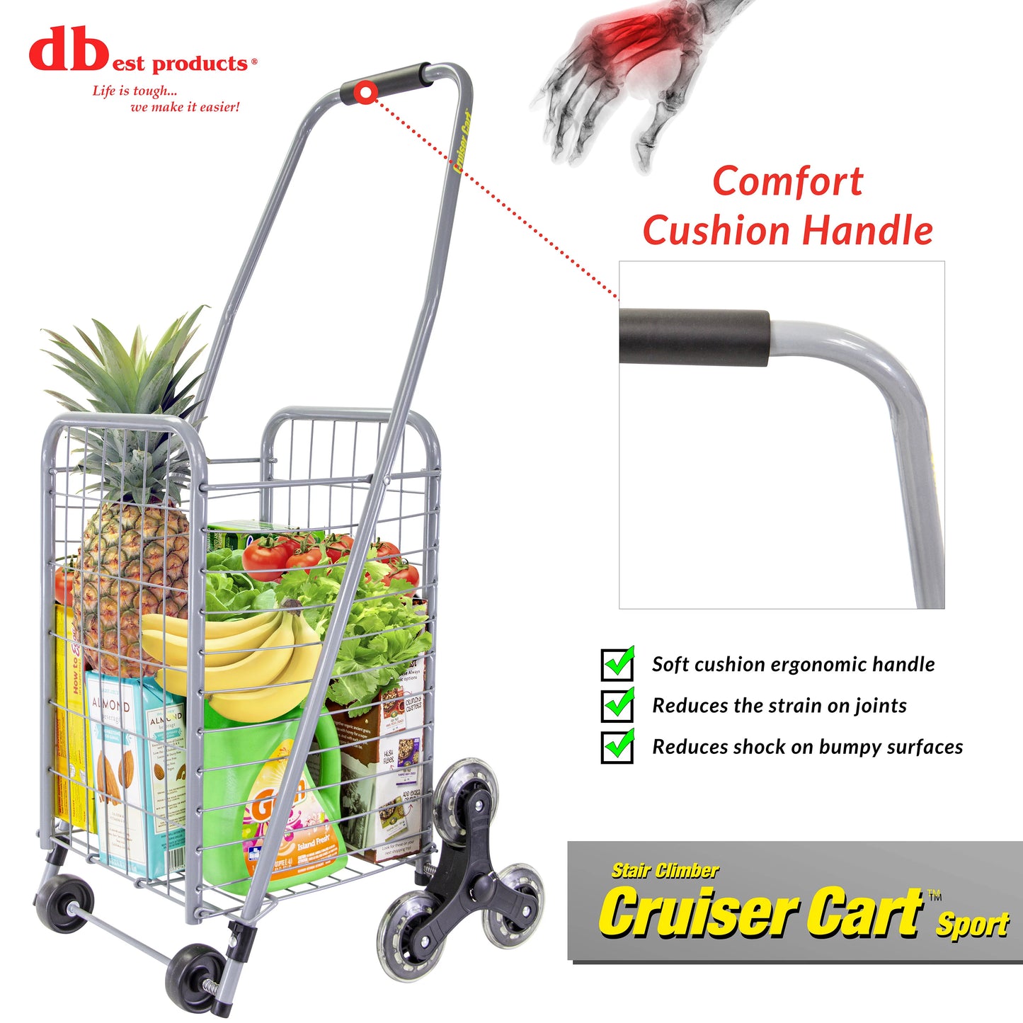 dbest products Stair Climber Cruiser Cart Sport Shopping Grocery Rolling Folding Laundry Basket on Wheels Foldable Utility Trolley Compact Lightweight Collapsible, Silver