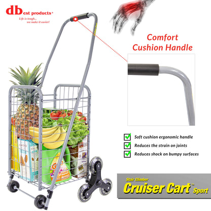 dbest products Stair Climber Cruiser Cart Sport Shopping Grocery Rolling Folding Laundry Basket on Wheels Foldable Utility Trolley Compact Lightweight Collapsible, Silver