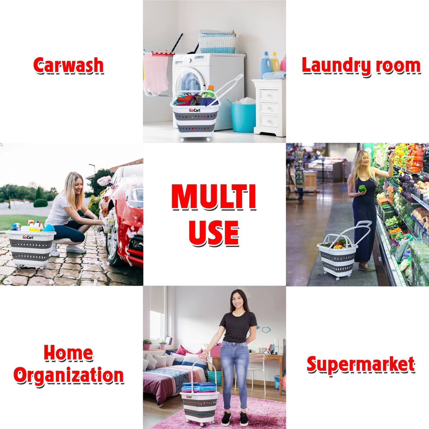 Folding GoCart Collapsible laundry basket on Wheels Grocery Cart Shopping foldable Pop Up plastic hamper Tote Handles Cesto para ropa sucia